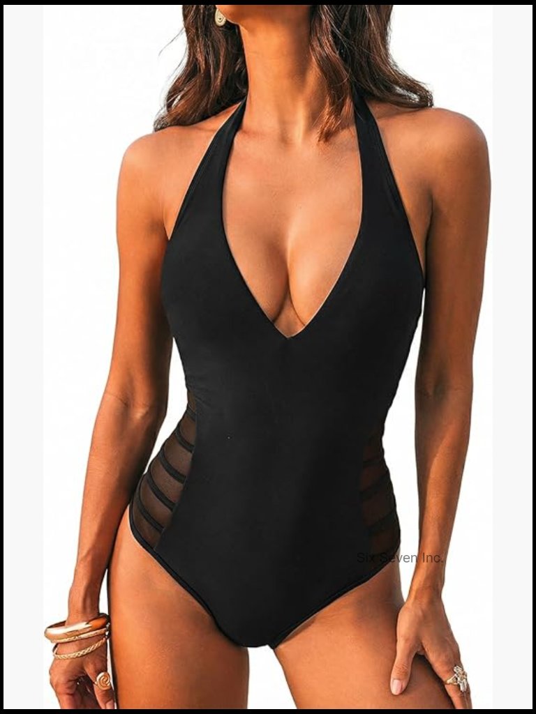 Sexy Deep V Neck One Piece Swimsuit Halter Self Tie Mesh Tummy Control